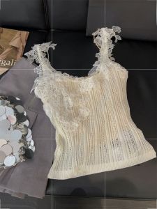 Thanh Lịch Phong Cách Pháp Thêu Ren Áo Croptop Nữ Nối Mới Mùa Hè Thiết Kế Đa Năng Gió Nhẹ Nhàng Hở Lưng Rỗng Ra Ngoài