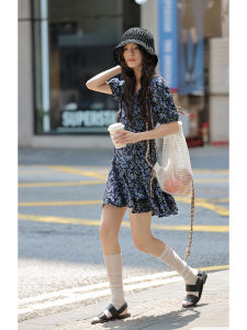 Mixd | Blue V-neck Short Sleeve Floral Mini Dress