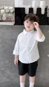 Áo sơ mi tay dài màu trắng xếp ly ngực bé trai phong cách hàn quốc 9 tới 28kg BERNIE KIDS H0125A17