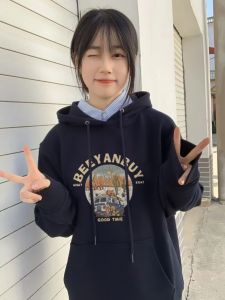 Áo Nỉ Oversize Phong Cách Mỹ Cho Nữ Mùa Xuân Thu Mỏng Rộng Rãi Thoải Mái Áo Khoác Ngoài Có Mũ Trùm Đầu in Họa Tiết Cotton Polyester