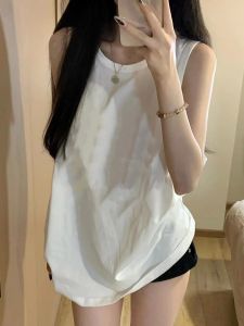 American Style White Sleeveless Vest for Women Loose Fit Cotton T-Shirt Round Neck Work Clothing for Summer