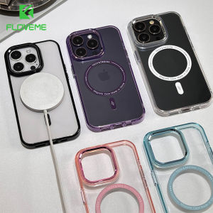 FLOVEME Luxury Metal Lens Frame Clear Phone Case For iphone 15 14 13 Pro Max 15 14 Plus Wireless Charging Plating Transparent Hard PC Shockproof Back Cover For iphone 15 14 13