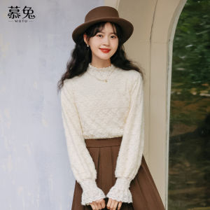 Áo sơ mi nữ MUTU lót lông cừu cổ cao tay dài cotton pha