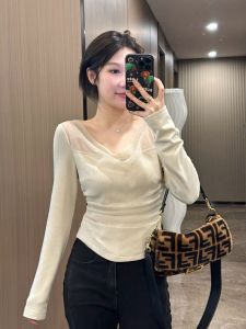 French Style V-neck Long Sleeves T-shirt Female Fall and Winter Fancy Silm Waist-Tight Inner Bottoming Shirt Cold Series Fancy Tops