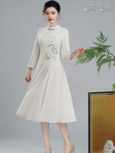 Retro New Chinese Style National Trend Embroidered Flower Daily Cheongsam Dress Bamboo Forest Spring Autumn Group Work Uniform