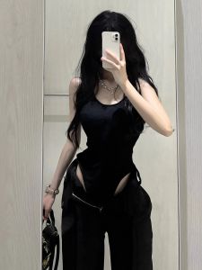 Pure Color เซ็กซี่ สีดำ ชิ้นเดียว ไม่มีสาย เสื้อกั๊ก ผู้หญิง ฤดูร้อน ดีไซน์ แสงหลังใหญ่ สลิม ไม่มีแขน รสเผ็ด เด็กผู้หญิง Jazz เสื้อท่อนบน