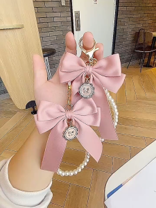 Handmade Bow Keychain Woven Ribbon Pearl Accent Decorative Bag Charm Giftable Keepsake for Women