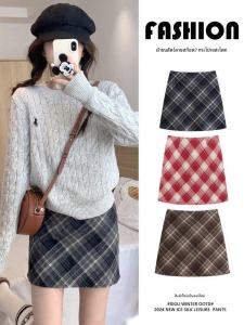 Woolen Skirt Female Fall and Winter Small High Waist A- line Cover Slim Looking College Short Hip-Hugger Red Tartan Skirt