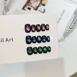 10Pcs Cat Eye Fake Nails Blue Pink Green Glass Beads Short Solid Color Press on Nails Handmade False Nails for Daily Wearing