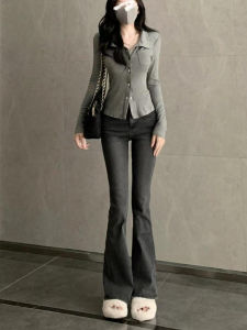 Quần Jeans Ống Loe Cạp Cao Cho Nữ Cao Cấp Quần Jeans Denim Ống Loe Màu Đen Xám Quần Dài Thu Đông 2024 Quần Jeans Nữ