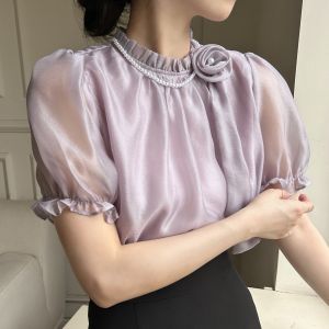 2024 Summer New Arrival Pearl Rose Ribbon Socialite Style Temperament Shirt Women Exquisite Purple Fancy Tops Women