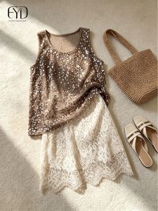 Luxurious Elegant Set Glitter Top Lace Skirt