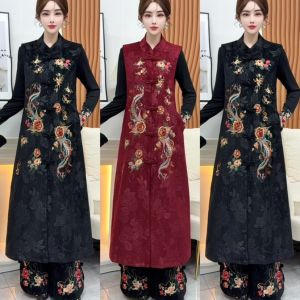 Spring 2025 Chinese Ethnic Style Embroidered Jacket Wide Leg Pants Fashion Show Size Large Womens Set Stitched Floral Pattern