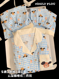 Cookie Puppy Pajamas Womens Summer Cloud Cotton Short Sleeve Pants Three-Piece Suit Cartoon Cute Thin Homewear