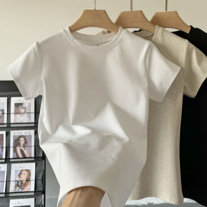 Shoulder White Small Neckline T-shirt Short Sleeve Women Summer Pure Cotton Slim Cotton Basic Solid Color round Neck Bottoming Tops