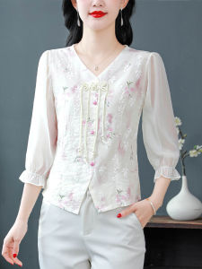 Elegant Short Sleeve Chiffon Shirt Womens Summer Fashionable Beautiful Top Moms Top Light National Style Seven Sleeve Shirt