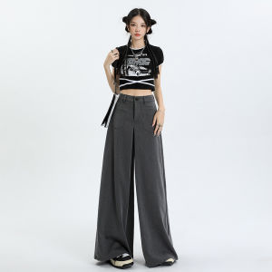 Gray Wide Leg Suit Pants Womens Loose Drapey High Waist Casual Trousers Design Sensation Floor-Length Pants