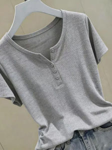 V.C.I | Gray Slimming Short-sleeve Henley T-shirt