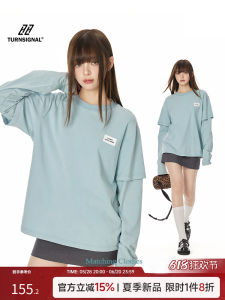 TurnSignal Trendy Brand Long Sleeve Cotton T-Shirt Womens Spring Autumn Loose round Neck Top Street Style Sport Casual