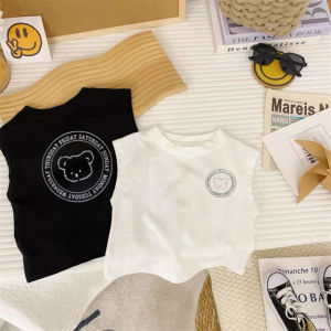 Boys Pure Cotton Tank Top Sleeveless T-shirt Cartoon Letters Bear Print K-style Loose Casual Easy Matching Clothes Fashion
