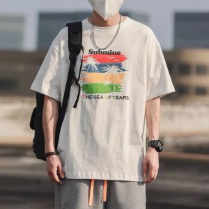 เสื้อยืดคอกลมแขนสั้นผ้าฝ้ายแท้สไตล์อเมริกันสำหรับผู้ชาย ทรงหลวม ลำลอง ใส่สบาย ฤดูร้อน 2025 เสื้อยืดคอกลมลายมะพร้าว