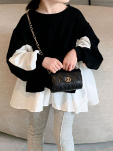 Cute Black White Splice Doll Shirt for Girls Autumn Clothes Childrens Fashion Baby Lovely Design Sense Top Cotton Fabric