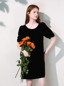 Miccbeirn | Elegant Silk Velvet Dress Slenderizing Slimming Medium Length Silky Smooth Bubble Sleeve Loose Waist Summer Fashion Dress