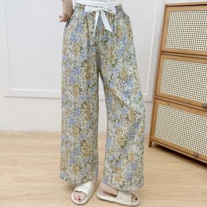 Spring Summer Ladies Sleep Pants Silk Blend Nine-Piece Wide Leg Loose Fit Thin Home Air Conditioning Pants Floral Print External Wear