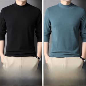 ROMON | Lormen Mens Casual Long Sleeve Base Shirt Semi-High Collar Pure White Comfortable Fashionable Autumn Spring T-Shirt Top