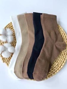 Nam Retro Màu Trơn Cotton Thoáng Khí Thủy Thủ Đoàn Tất Thể Thao Thông Thường Giữa Ống Tất Cà Phê Trắng Kaki Màu Be EU 37-45 1/3/5 Đôi