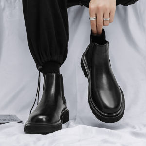 Chelsea Boots Mens High Top Black Workwear Shoes Easy Wear Motorcycle Leather Boots Durable Rubber Sole round Toe Low Heel
