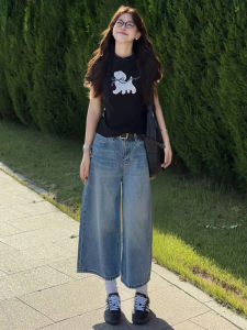 Light Blue High Waist Loose Wide-leg Cropped Trousers