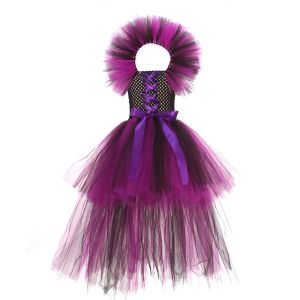 Girls Dark Angel Evil Queen Costume Set Purple Black Tulle Dress With Feather Wings Horn Headband For Halloween Carnival