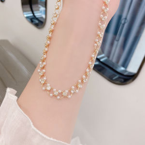 สร้อยคอสั้นดีไซน์หรูหราพร้อมรูปปุยลูกปัดและเพชรแบบโปร่งใสจาก Dongdaemun สไตล์เกาหลีสำหรับผู้หญิง