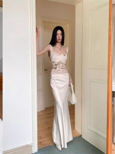 French High-End Lace Strap Vest Fishbone Slim Fit Long Skirt Set Two-Piece Suit Body Shaping Slimming Wrap around mid Waist