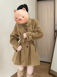 Áo khoác len CHANGTONG cạp cao màu kaki dáng vừa phải chất liệu polyester phong cách thu đông