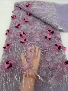 Elegant 3D Floral African Beaded Lace Fabric French Nigerian Sequins Mesh Tulle Lace Fabric Party Wedding Dress Sewing 5 Yards