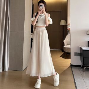 WANGGONGZHU | New Chinese Style Womens Summer Wide Leg Pants Casual Thin Mesh Skirt Pants High Waist Nine Points Regular Thickness