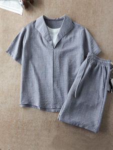 OUMULONG | False Layered Linen Summer Suit With Cuban Collar And Textured Design