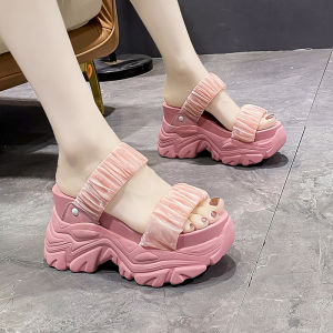 รองเท้าแตะส้นหนาสีชมพู รองเท้าแตะชายหาดสไตล์นางฟ้า ส้นหนา ส้นเตี้ย รองเท้าแตะพื้นหนา รองเท้าแตะส้นเตี้ยสำหรับผู้หญิง