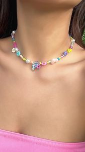 Boho Simple Beads Imitation Pearl Choker Necklace Women Men Vintage Stainless Steel Handmade Chain Aesthetic Y2K Jewelry Gift
