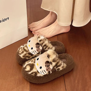 Faux Fur Slippers Womens Indoor Outdoor Winter Warm Plush Head Covered Leopard Print Home High-End Thick Bottom Cotton Slippers