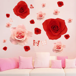 Bedroom Wall Decals Self Adhesive 3D Red Rose Flower Stickers Decorative Warm Style Wall Paper PVC Material Plant Floral Pattern
