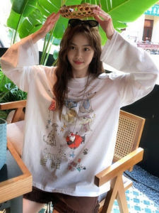 เสื้อยืดแขนยาวผู้หญิงฤดูร้อนใหม่หลวมๆ ใส่สบาย สไตล์สตรีท ลายหมา ทรงหลวม ผ้าบาง โปร่งใส คอตั้ง ปกติ