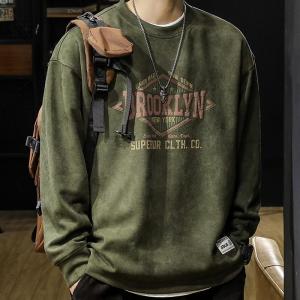 American Retro Suede Sweatshirt Men Spring Autumn Loose Trendy round Neck Long Sleeve Mens Top Coat T-shirt Trendy