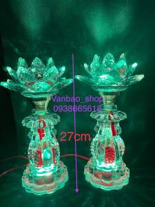 Bộ Đèn Bàn Thờ Sen Pha Lê Cao Cấp Nguyên Khối Phát Sáng Toàn Thân Cao 27cm Sử Dụng Mạch LED Cao Cấp (27002)