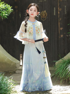 New 2025 Chinese Style Girls Hanfu Set Ancient Childrens Ming Dynasty Tang Costume Summer Dress Polyester Fiber Spring Autumn