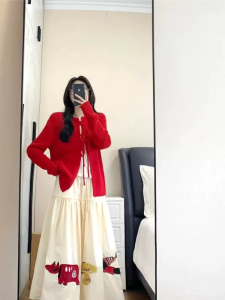 New Year Red Knitted Open Cardigan Womens Spring Autumn Atmosphere Strap Dress Outerwear Sweater Shawl Coat Design Sense