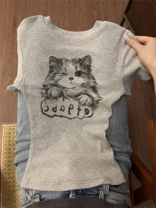 Sweet Style round Neck Short Sleeve Slim Fit Top Korean Commute Fashion Print T-Shirt Moisture Wicking Summer Casual Wear