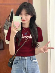 Áo Thun Tay Ngắn Màu Đỏ Rượu Vang Cho Nữ Mùa Hè Phong Cách Mới Cổ Tròn Dáng Ôm Vừa Vặn Chất Liệu Cotton Phong Cách Mỹ Cổ Điển